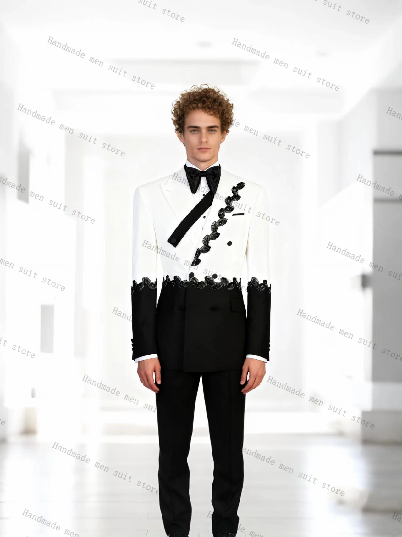 

Black White Men Suit Set 2 Piece Crystals Blazer+Pants Prom Wedding Tuxedos Coat Cotton Customized Formal Office Fashion Jacket