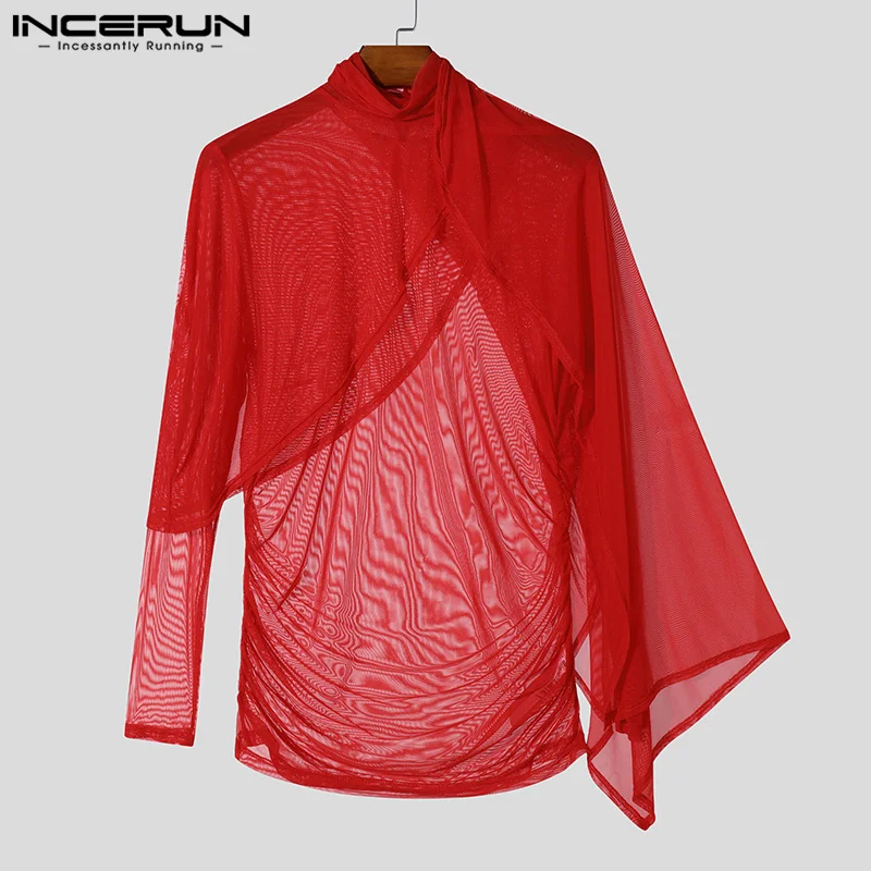 INCERUN See Through Solid Color Knitted T-Shirts Men Long Sleeve High Collar Camiseta Ruffled Edge Sexy Elegant Tops Fashion Top