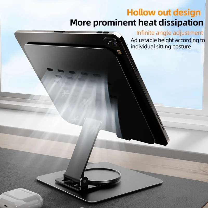 Tablet Stand Holder for Desk, Swivel iPad Stand with 360 Rotating Base, Carbon Alloy Foldable Desktop Stand Holder