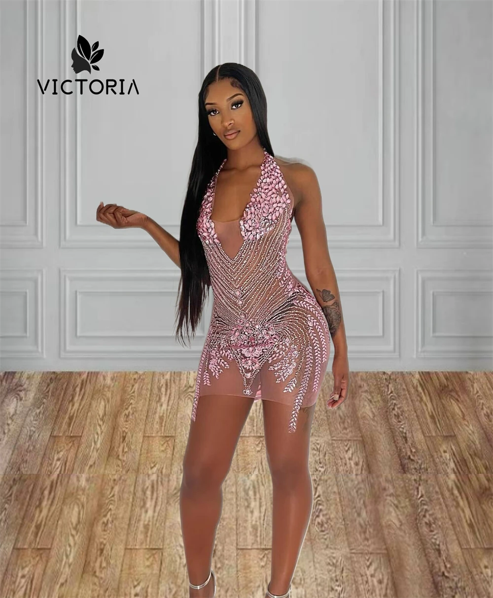 

Alluring Pink Halter Mini Cocktail Prom Dresses 2025 Black Girls Beaded Rhinestones Baddie Dress For Birthday Party Customized