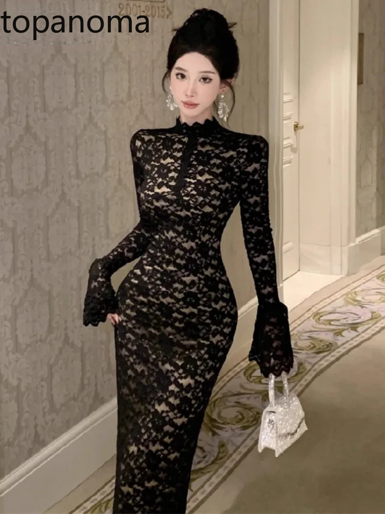 Topanoma Evening Dresses Women Lace Patchwork Flare Long Sleeve Slim Basic Vintage Elegant Party Cocktail Dress Vintage Sexy