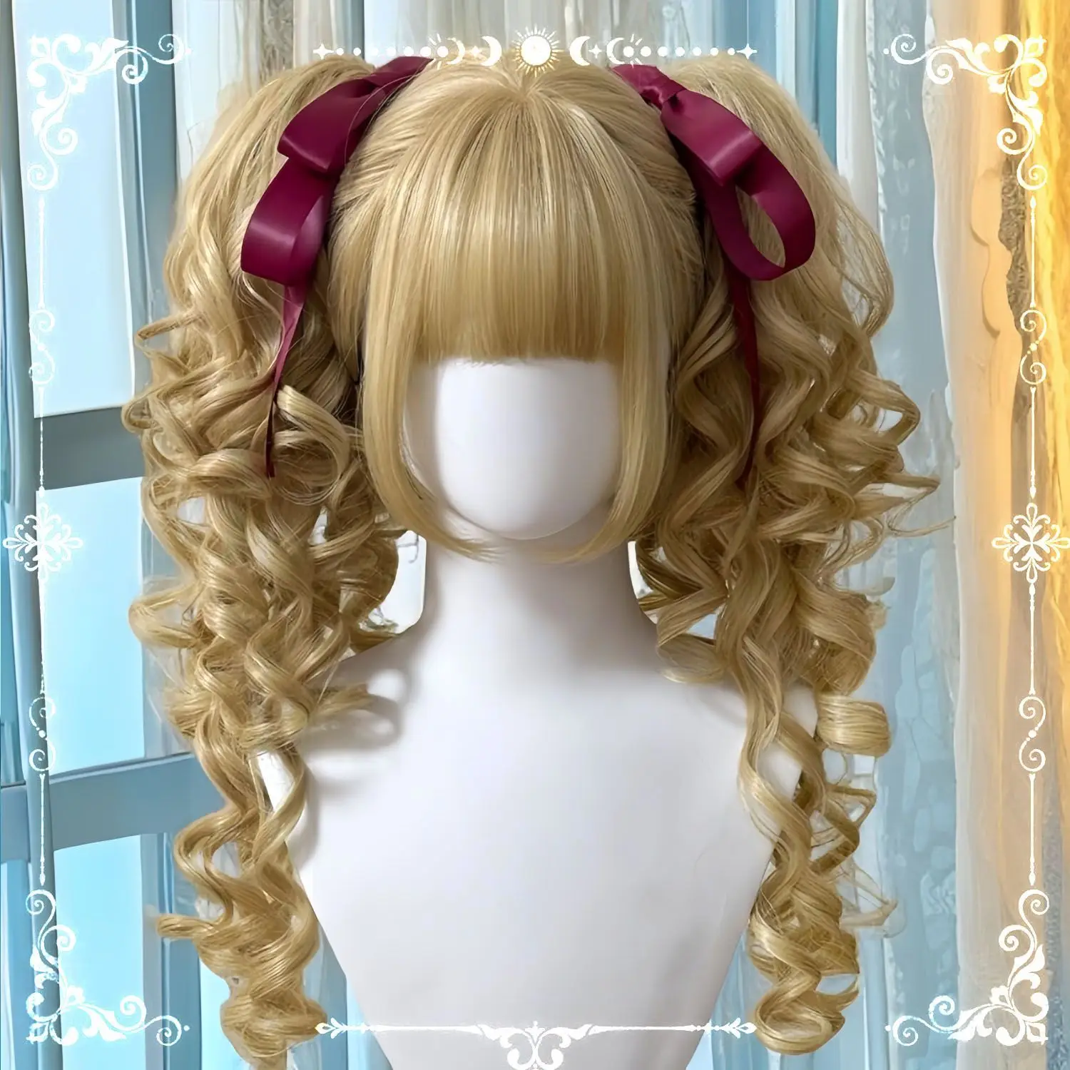 Vintage Lolita pruik - Bobo-snit met gespleten paardenstaarten, Romeinse krullen cosplay haarstukje, dagelijkse gotische accessoires, volledige hoofdbedekking