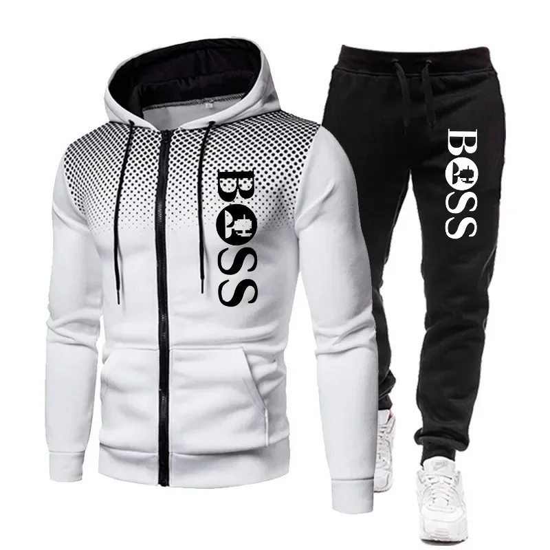 

Men's fall/winter sportswear set, fashionable outdoor zip-up hooded jacket and long pants for casual fitness and basketball acti