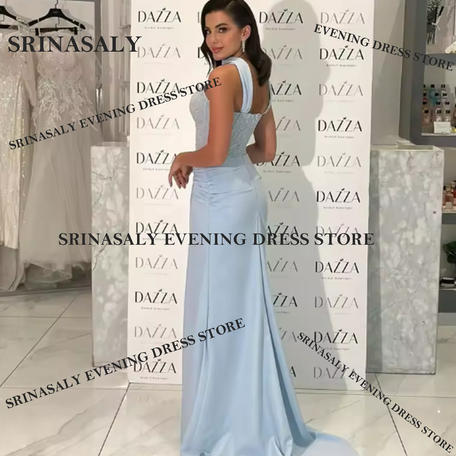 فساتين سهرة طويلة الأكمام من دبي، فساتين حفلات بتصميم حورية البحر بدون حمالات مع طيات وخرز، فساتين حفلات طويلة مخصصة