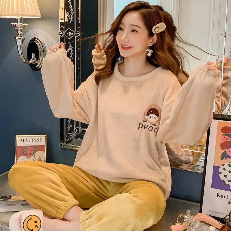 Coral Fleece Pajama Sets Women Winter Warm Sleepwear Long Sleeve Trouser Pajamas Flannel Thick Loungewear Korean Kawaii Clothes