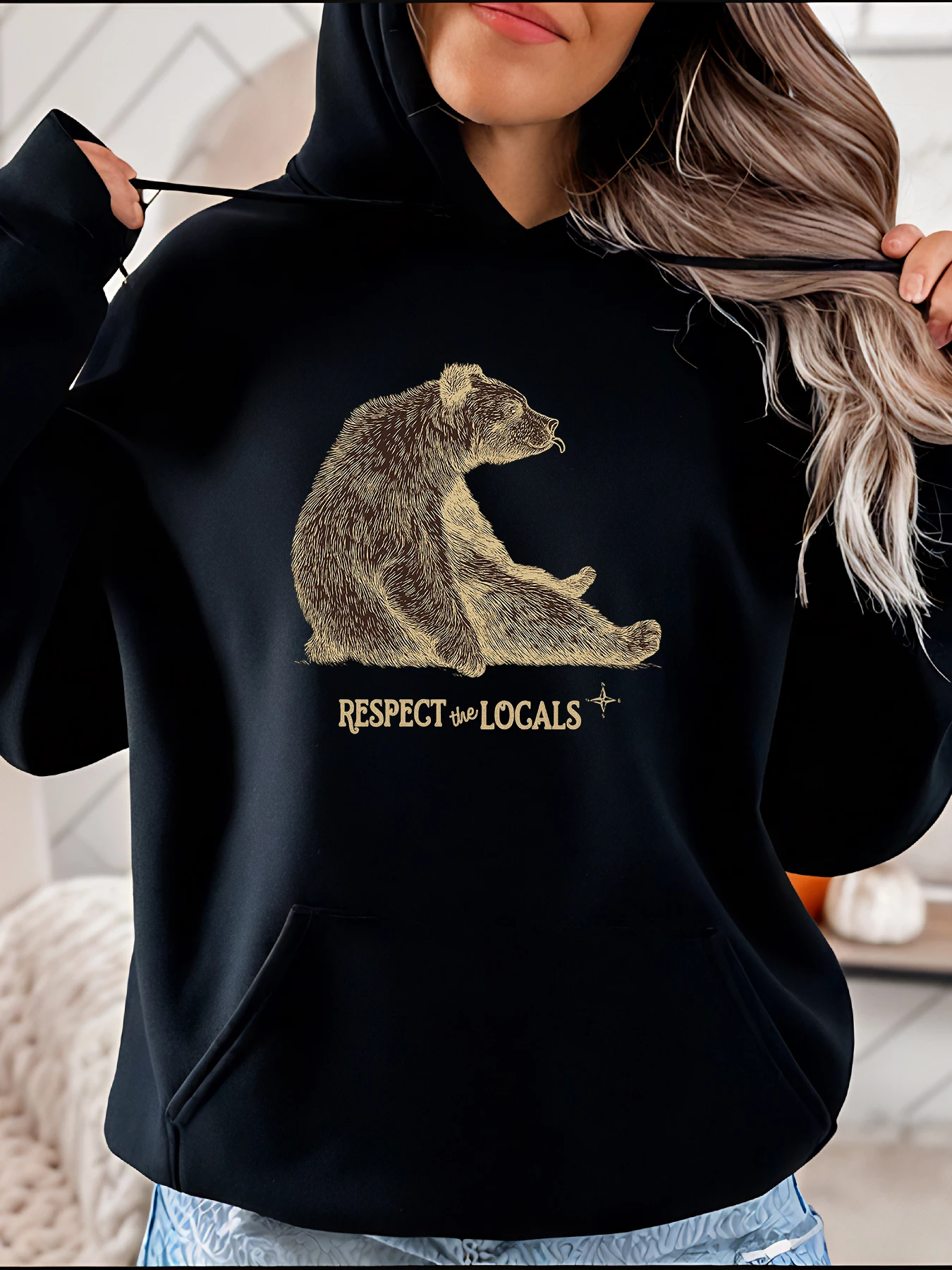 

Толстовка с принтом медведя Respect the Locals Толстовка с графическим рисунком Повседневная уличная одежда Женская мода