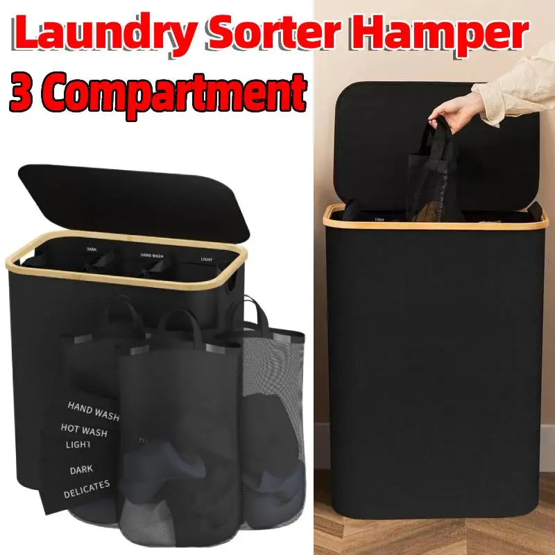 

160L Dirty Clothes Sorter Hamper 3 Compartment Large Laundry Basket with Lid & Removable Inner Bags Bathroom Laundry Organizer