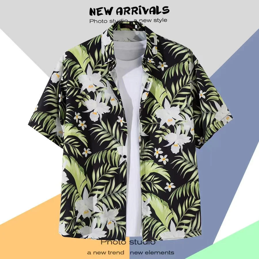 Men Street Fashion Summer Daily Shirt Hawaiian Cartoon Print Casual Loose Shirts Short Sleeve Beach Loose Tops