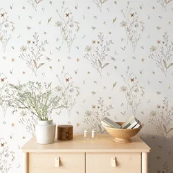 Fresh Flowers Wallpaper, Neutral Meadow Blooms Wallpaper,Hand Drawn Floral Mural Peel and Stick,Tradition Or Self-adhesive Paper