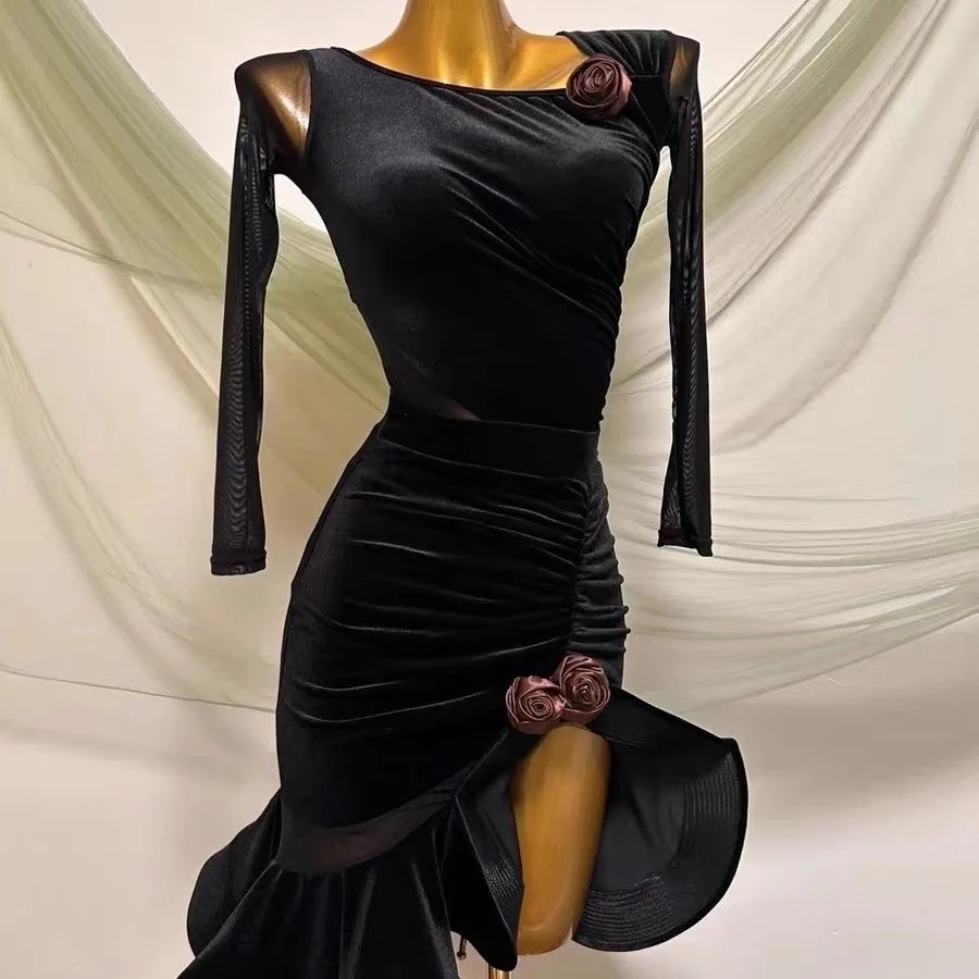 latin dance dress woman competition dance shirt skirt long sleeve Dance wear perform Latin suit stage custom 2025 suit