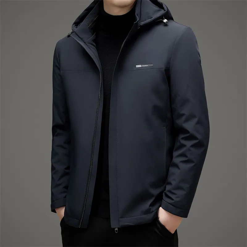 Business Casual Men's Hooded White Duck Down Jackets 2024 Winter Wear Solid Loose Puffer Coat Outdoor Windproof Top Down Garment