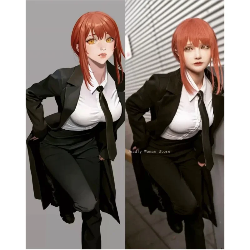 Anime Kettensäge Mann Makila Cosplay Kostüm schwarz Trench Shirt Krawatte Hosen Makila Perücke lange hellrote Geflecht Männer Frauen Anzug Uniform