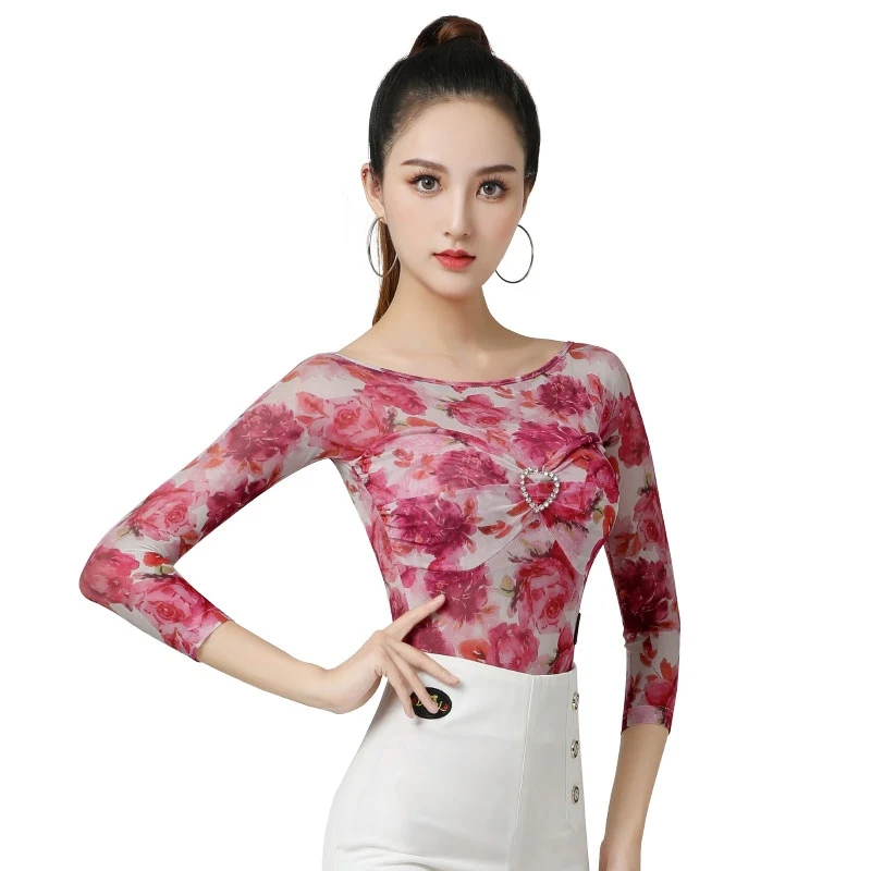 2025 Damen Modern Dance Top Print Diamantärmel Overall Chacha Rumba Tango Tanzkleid Latin Dance Kostüme Tragen DN 20792