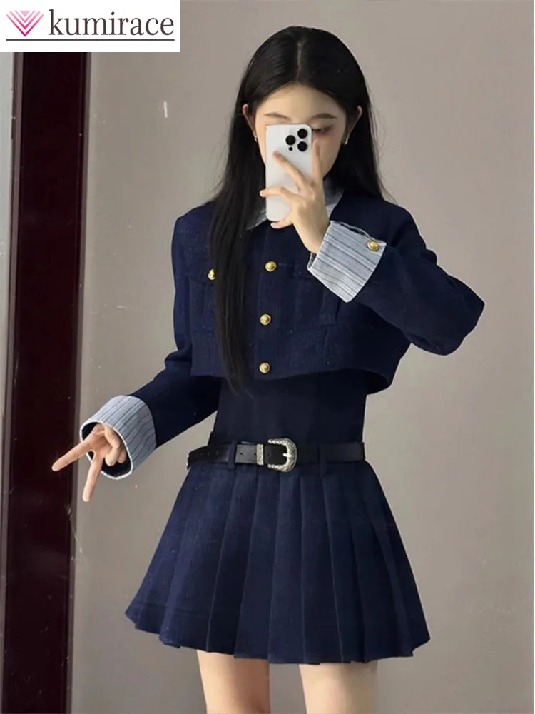 

Spring and Autumn New Korean Academy Hundred Fold Dress with Velvet Short Coat Elegant Women's Two Piece Set