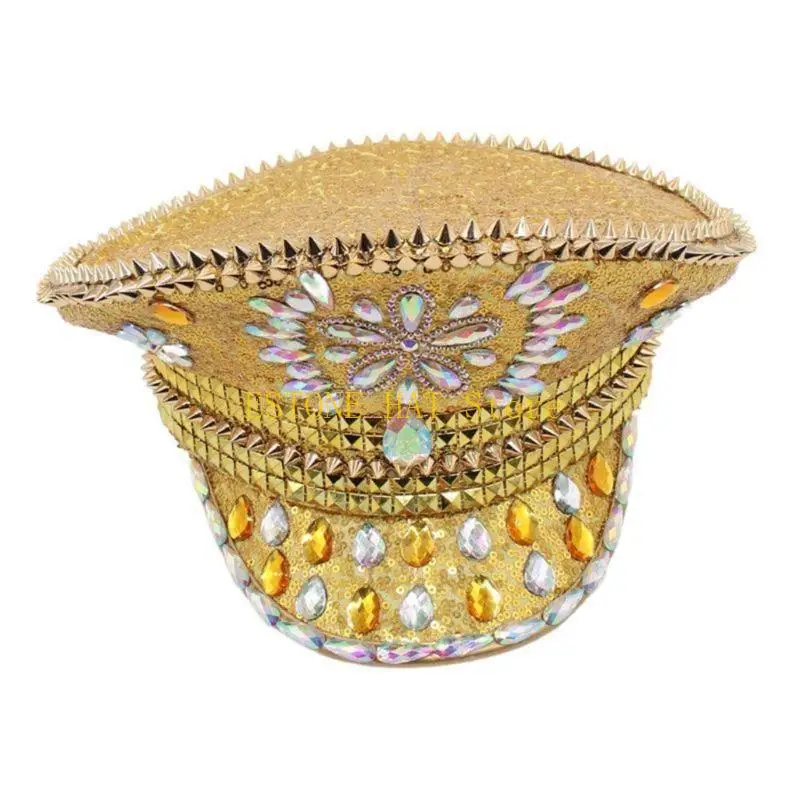 49MF スパンコール キャプテンハット クリスタルセーラーハット ディスコハウス カクテルパーティー 休暇用 キラキラクリスタル コメディアン俳優用