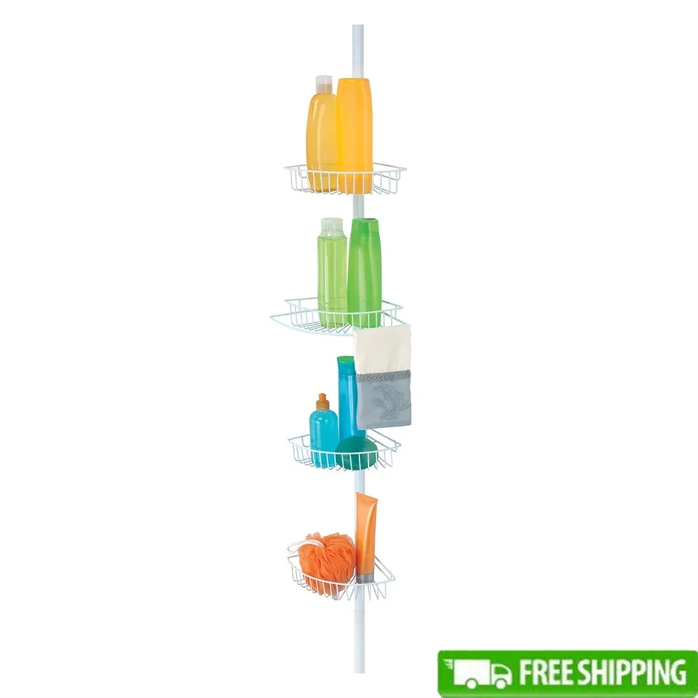 

Expandable 4 Tier Shower Caddy with Accessory Bar Tension Rod Rust Resistant Wire Organizer Easy Installation No Tools Needed