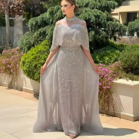 FATAPAESE Luxury Full Beads Rhinestones Cape Evening Dresses 2026 Saudi Arabia Dress for Wedding Party فساتين سهر