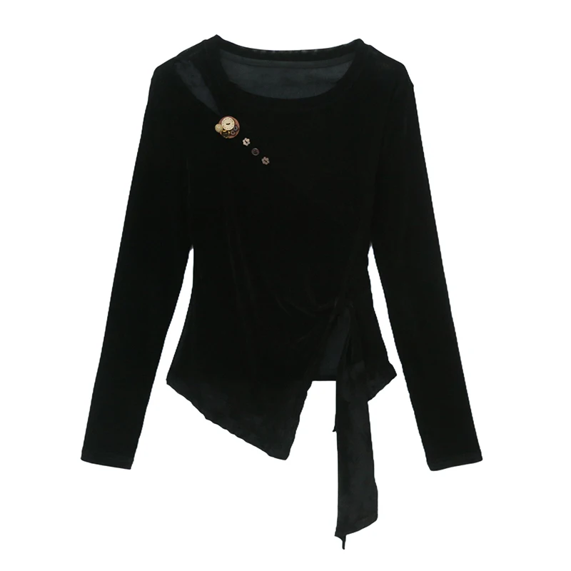 New,Black,Spring,Korean,Style,T-Shirt,Chic,Sexy,O-Neck,Velvet,Hollow out,Button,Slit,Women,Irregular,Tops,Long Sleeve,Tees,59101