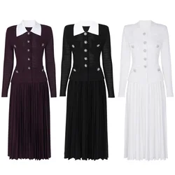 Long Sleeve Coarse Woven Tweed Short Dress Women Autumn Winter Beaded Diamonds Button Fishtail Prom Evening Dresses Lady