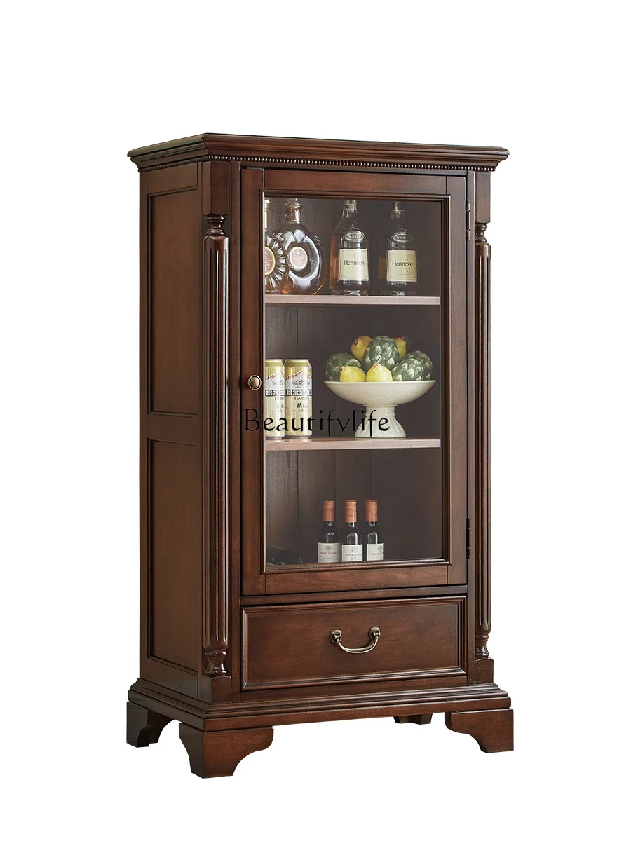 

American solid wood living room wine cabinet simple glass door small apartment locker