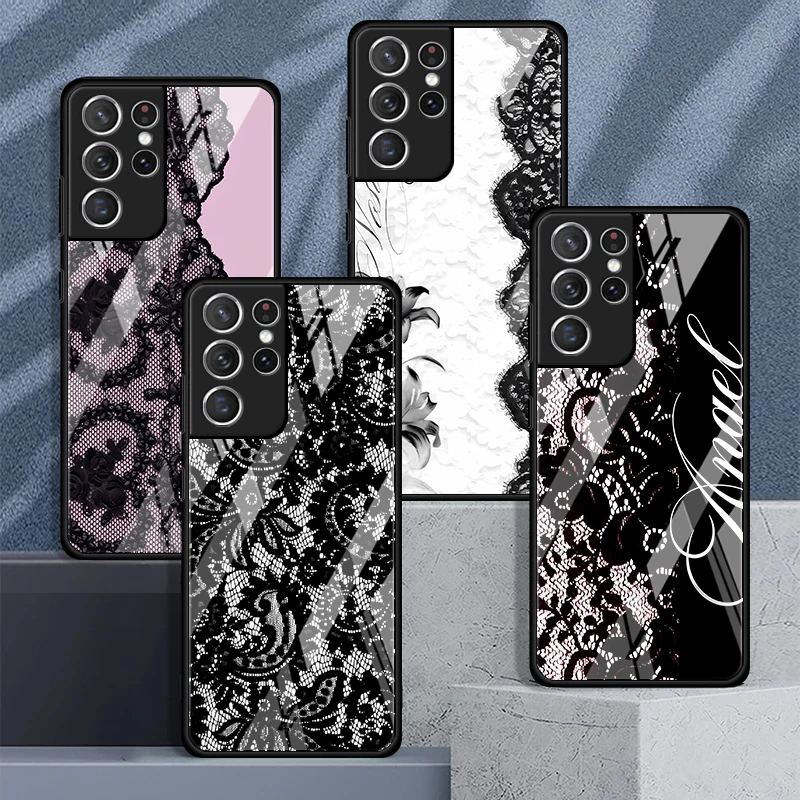 Retro Lace Art Glass Phone Cover Case for Samsung Galaxy S26 S20 FE S24 Ultra S10 S23 Plus Note 8 9 10 20 S24 S21 S22 S8 S9