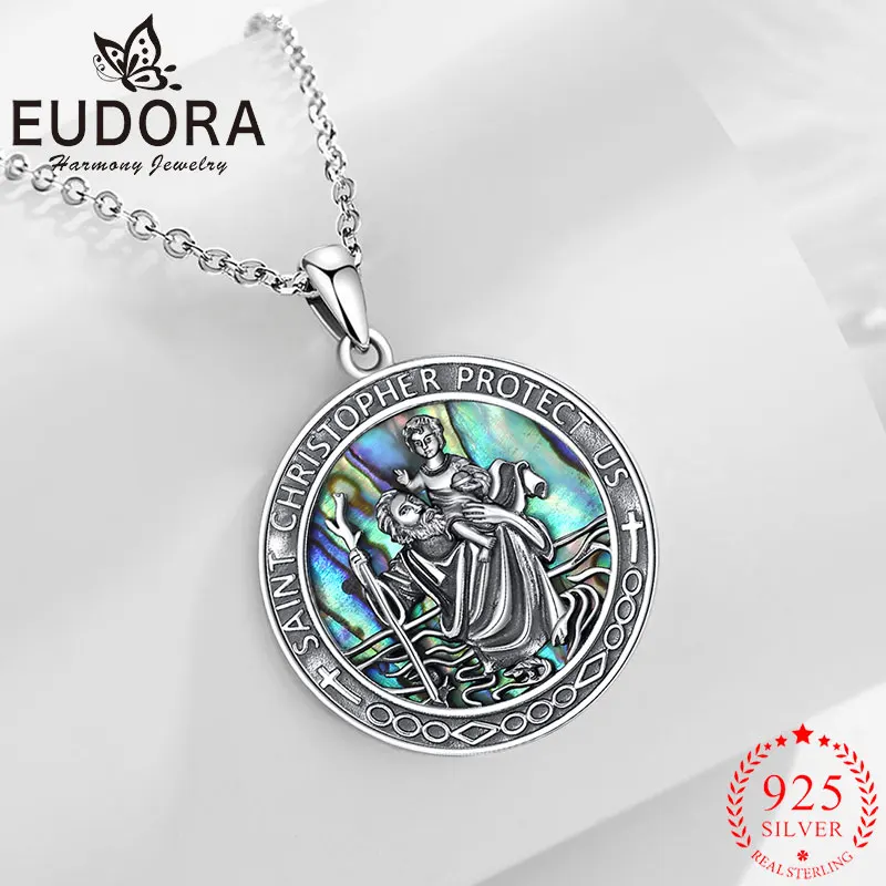 Eudora 925 Sterling Silver St Christopher Necklace Natural Abalone Shell Catholic Amulet Pendant Men Women Religious Jewelry