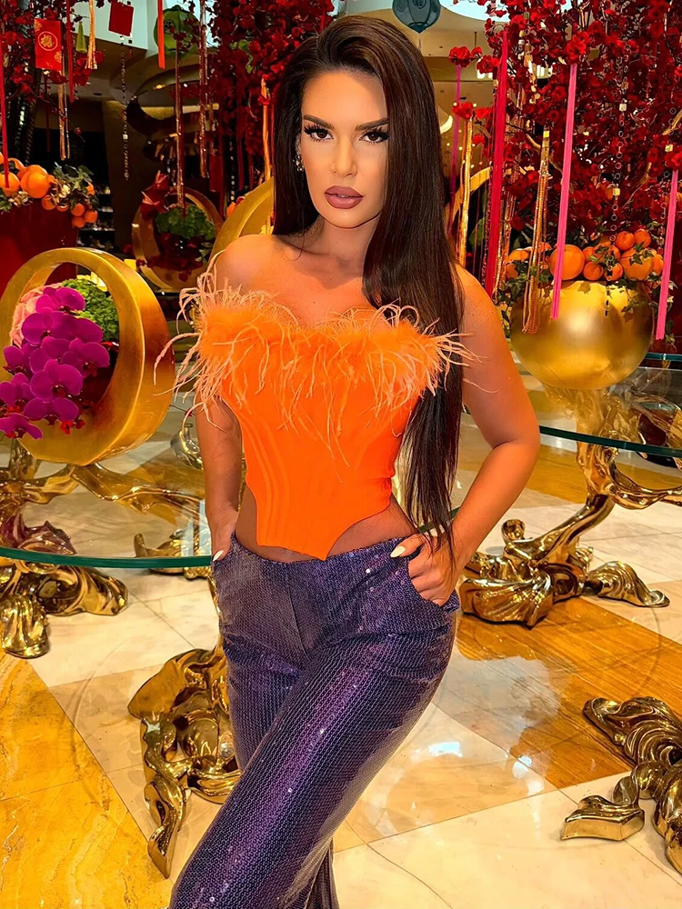 Wear Feather Design Strapless Orange Bandage Crop Top And Purple Sequin Trousers Suits Pants Set For Women Celebrity Party