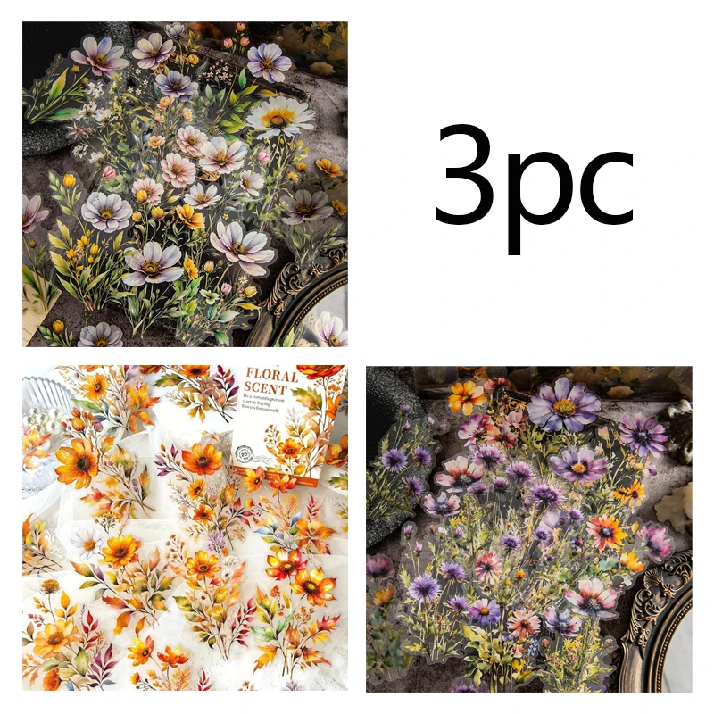 3 قطع من ملصقات الزهور الطازجة، مصنوعة من مادة PET المقاومة للماء، مناسبة لتزيين القرطاسية والمذكرات وسجلات القصاصات وما إلى ذلك