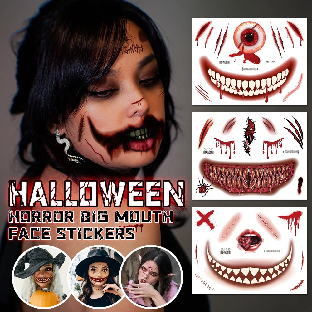 

9pcs Halloween Face Tattoos Stickers Big Mouth Horror Face Stickers Waterproof Temporary Tattoo Funny Makeup Party Fake Tattoo