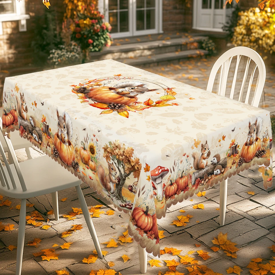 1 Piece of Autum Thanksgiving Themed Printed Tablecloth, Retro Country Farmhouse Style, Squirrel, Pumpkin, Maple Leaf Pattern Design, Suitable for Holiday Parties, Birthday Party Decorations, Camping Style Picnic Decoration, Kitchen Accessories, Restaurant, Terrace, Indoor and Outdoor Tablecloths, Perfect Gifts for Friends, Multiple Sizes Available
