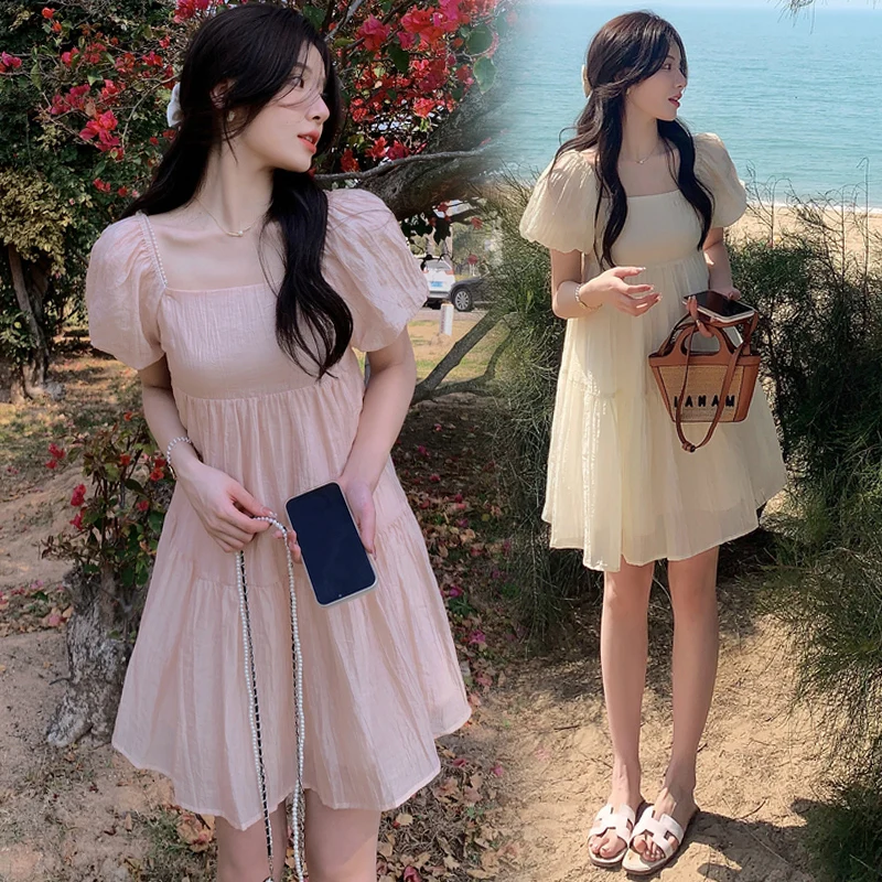 Woman Summer Dress Solid Color Puff Sleeve Square Collar Short Maternity Mini Dress Loose Princess Dresses Korean Style Pregnant