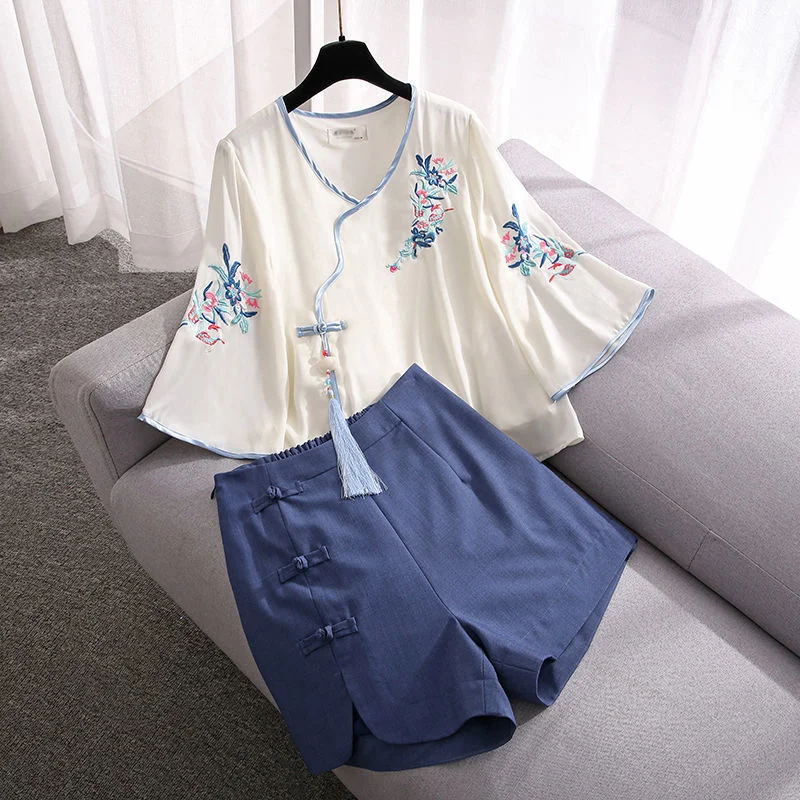 Puls Size Embroidery Shirt Short Pants Women's Improved Hanfu Suit Female Summer 2024 New Retro Wide-leg Pants Two-piece Set