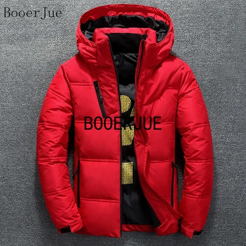 Men's Winter Down Ski Jacket with Hood Warm Coat Outdoor Hiking Sports Skiing Camping Casual Puffer Thick Hat White Duck Parka