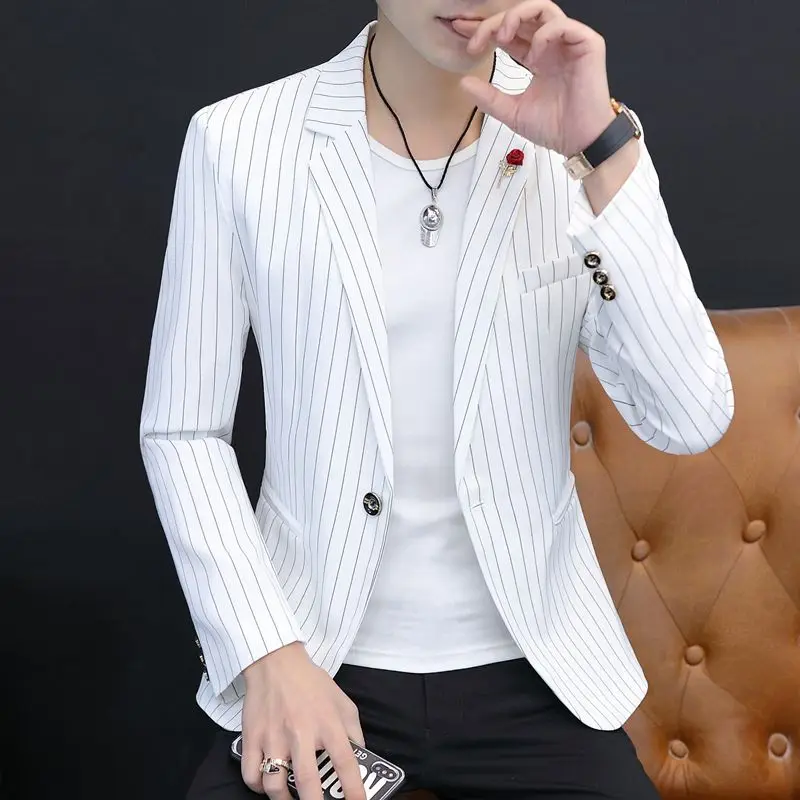 

Men's Casual Stripe Suit Spring Outerwear Slim Fit Korean Sle Faionable Single-Breasted irt Jaet Urban Youth Wear