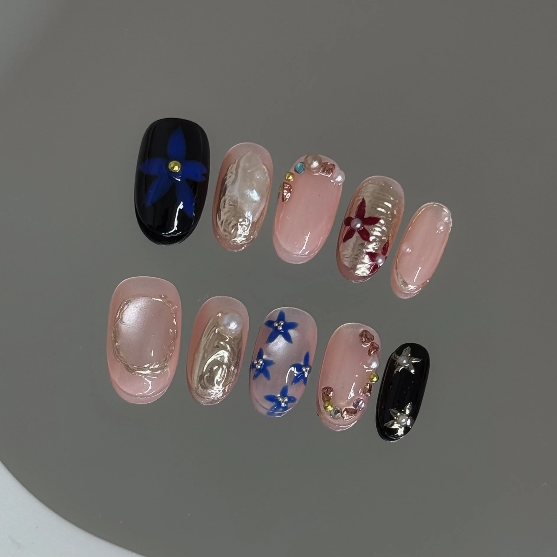 10個入り グラデーションアンバー付け爪 ヴィンテージ3Dフラワー プレスオンネイル オンブレキャッツアイネイルアート パールアーモンド ハンドメイドフェイクネイル