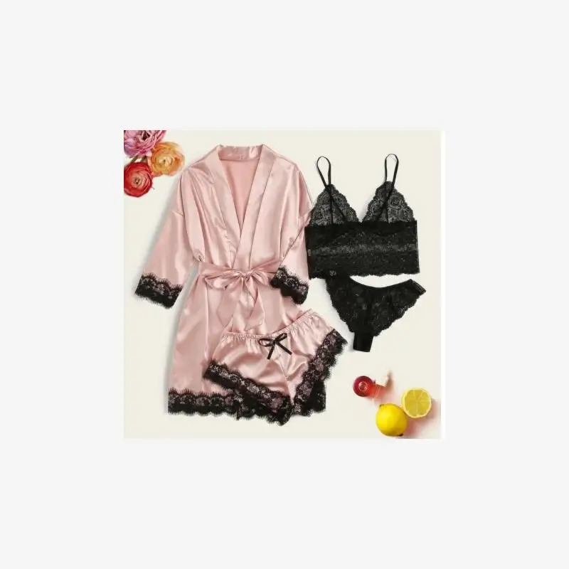 

New Women's Four-Piece Pajamas Set with Suspender Skirt Casual Comfortable Polyester Sleepwear Long Sleeve V-Neck Long P...