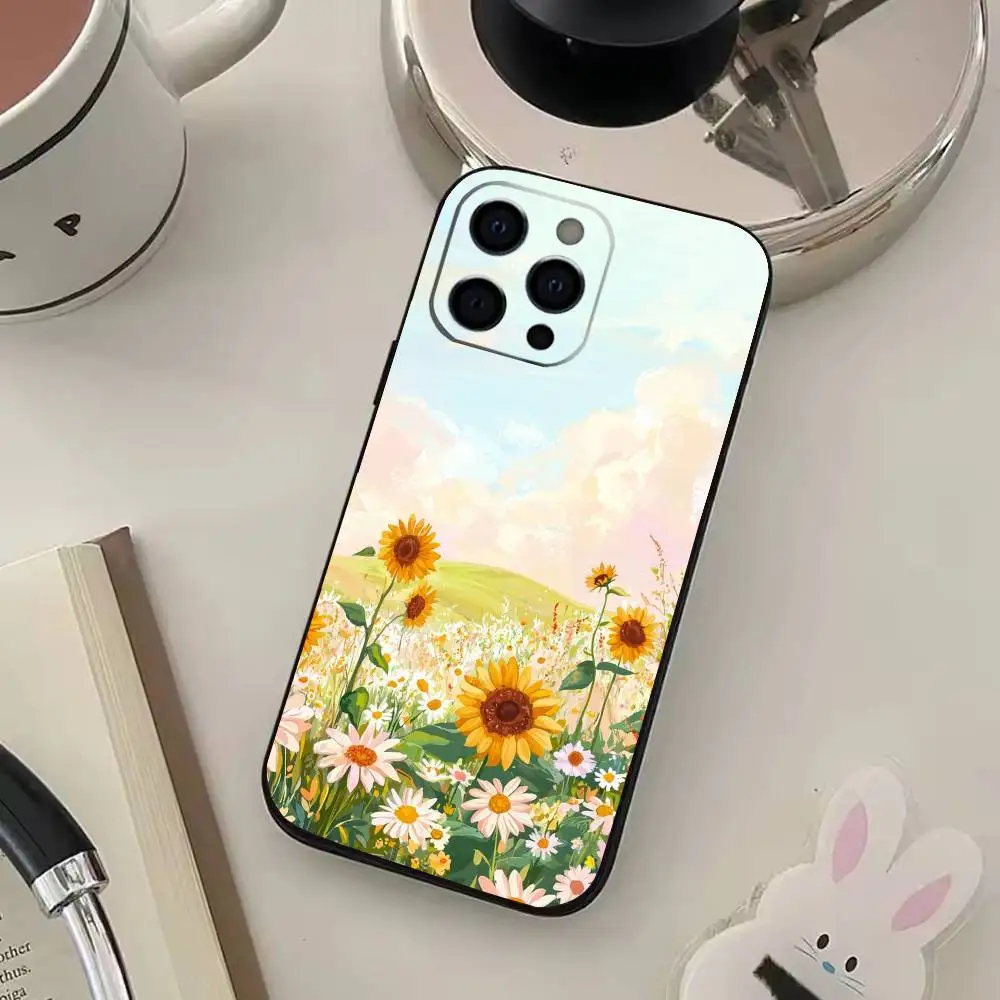 حافظة هاتف مطبوعة على شكل عباد الشمس لهاتف آيفون 17,16,15,14,13,12,11,Plus,Pro,Max,Plus,XS, حافظة ناعمة من السيليكون الأسود