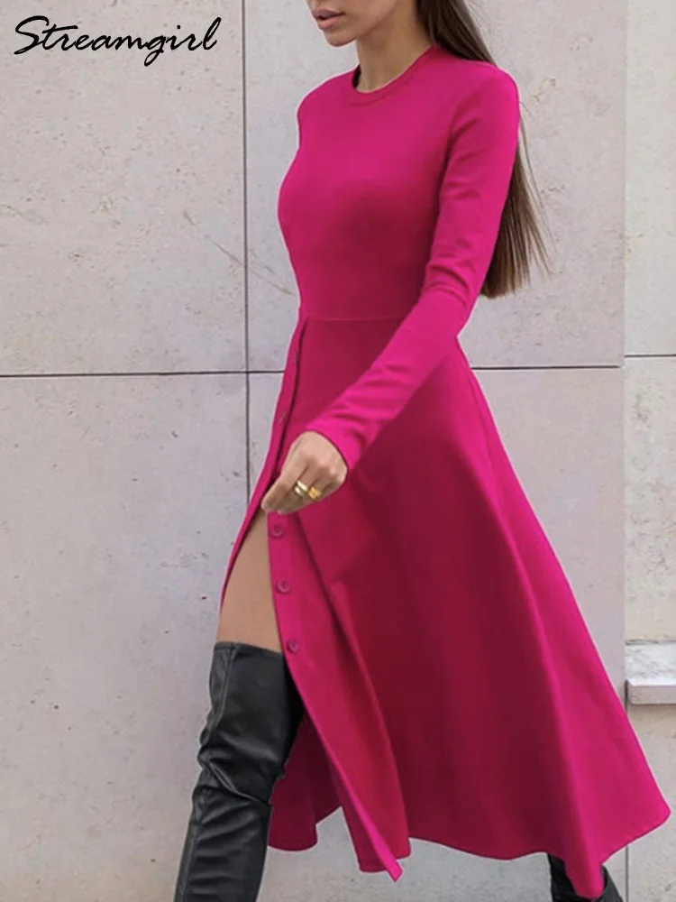 Women\'s Dress Long Sleeves Slim Chic And Elegant Woman Dress Black Button Dress Maxi Slit Long Dresses For Women 2023 Spring