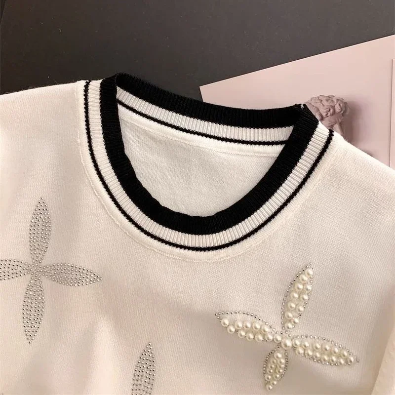 Neploe 2024  New Ice Silk O-neck  Beading T-shirts Fashion Sweet Knitted Short Sleeve Tee Shirt Summer Loose Black Tops Women