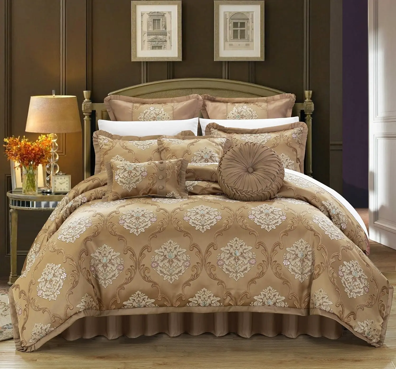 9 Piece Aubrey Decorator Upholstery Comforter Set And Pillows Ensemble, Queen, Gold