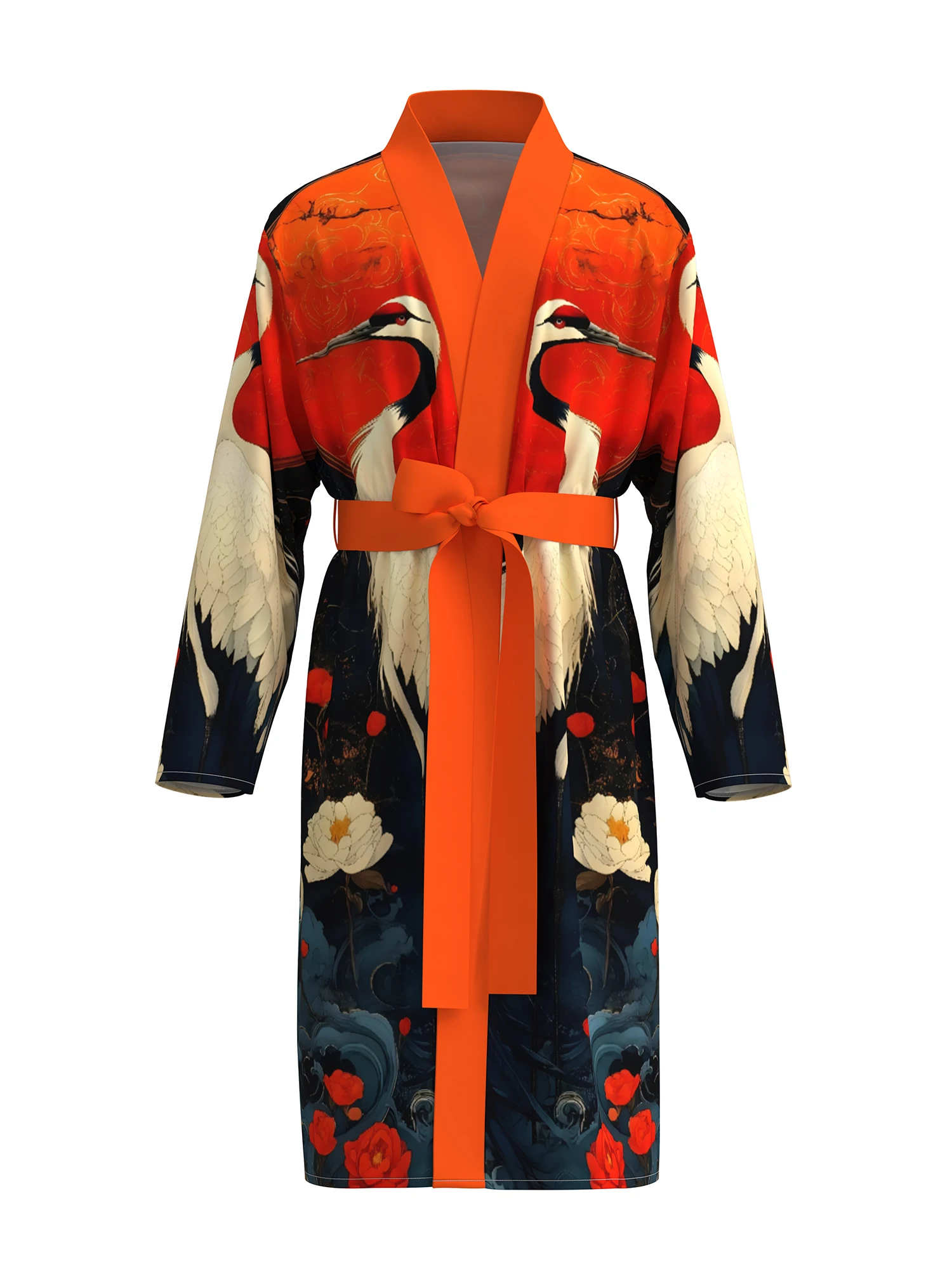 

Men's bathrobe 3D printed crane pattern bathrobe skin-friendly quick-drying spring and autumn thin style with belt