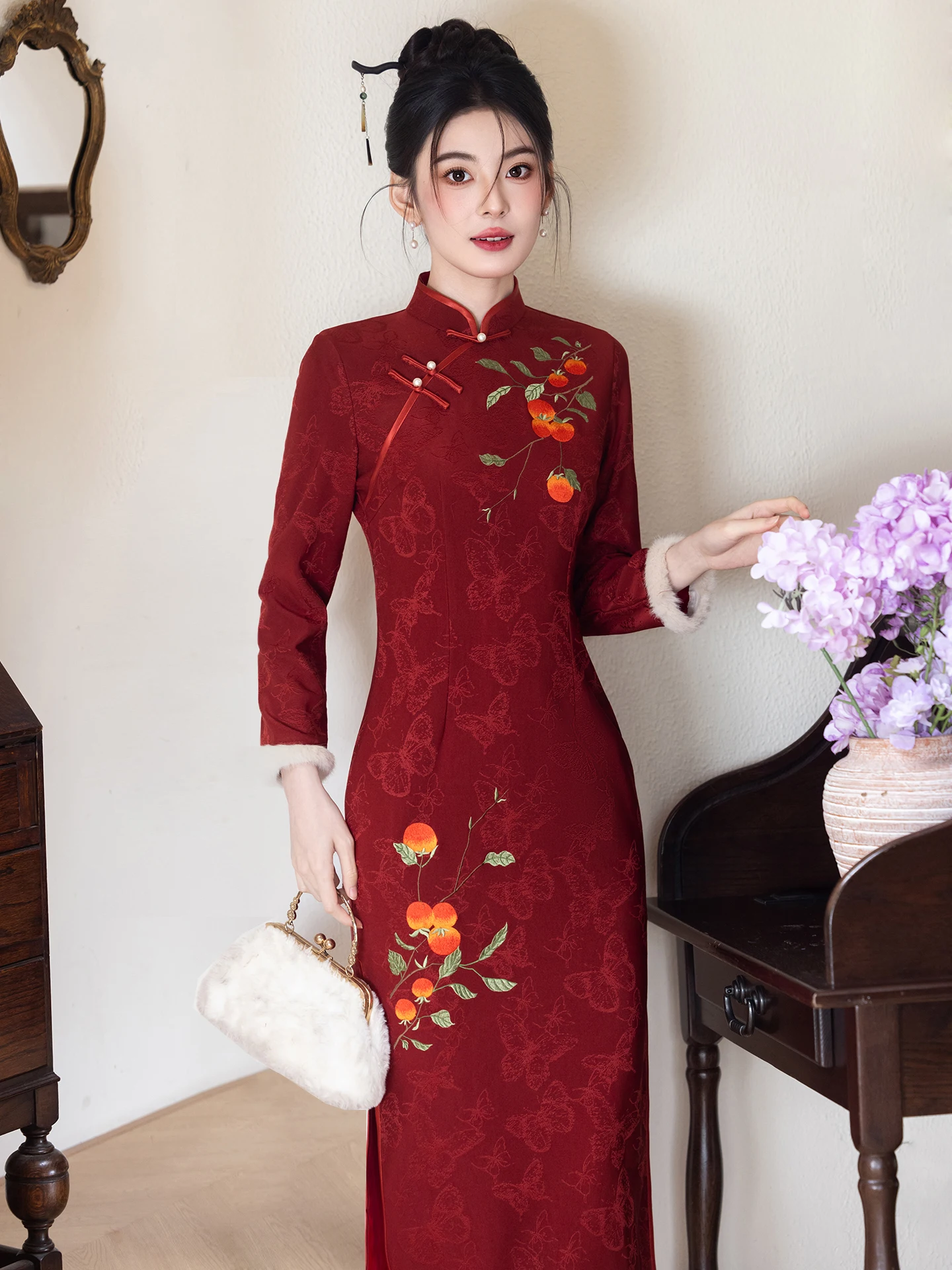 

Красный вышитый флаг Thiened, зимнее свадебное платье, новогодний церемониальный костюм, женское модное длинное платье