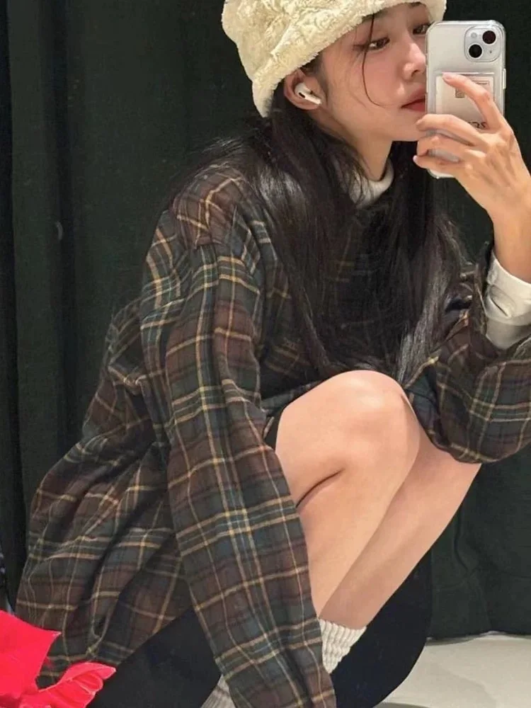 루즈핏 체크무늬 여성용 패셔너블 오버사이즈 컬러블록 레트로 코트 봄 여름 가을 겨울 코튼 칼라 롱 슬리브