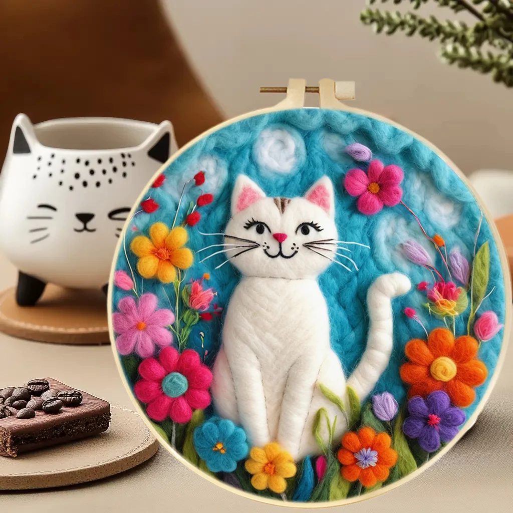 

White Cat Needle Felt Starter Kits For Adults Diy Wool Felting Painting Beginners Kit Embroidery Frame Wool Needlework Crafts