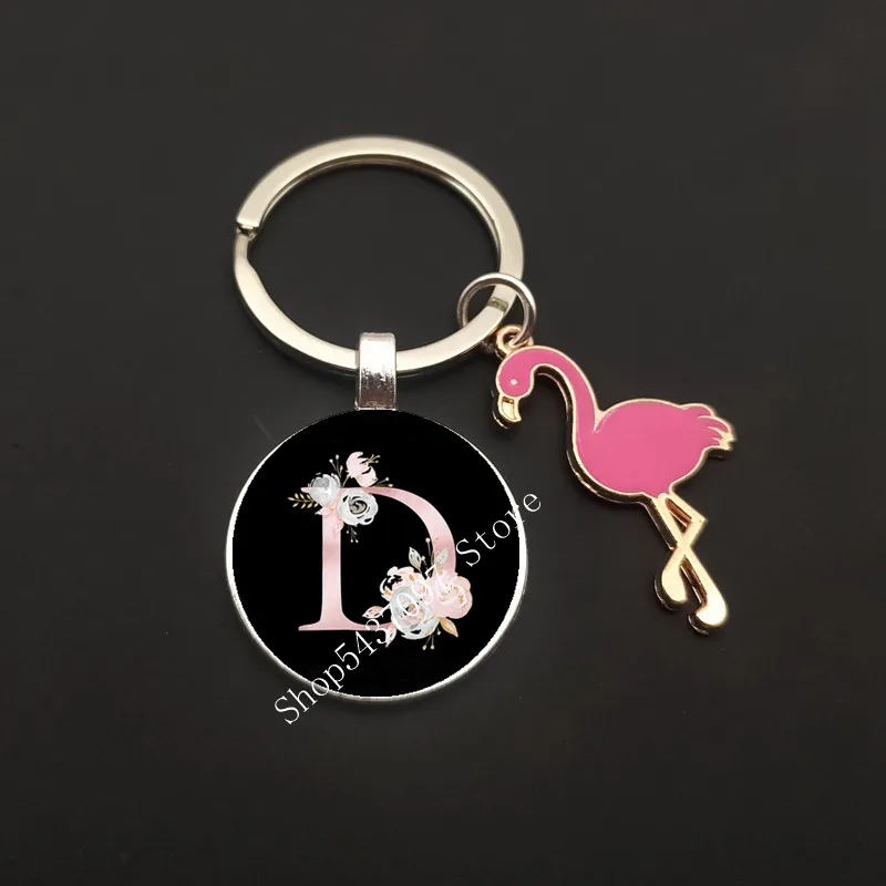 New Flamingo Keychain A-Z Letter Glass Keychain Pink Flamingo Animal Keychain Male and Female Romantic Inspirational Keychain