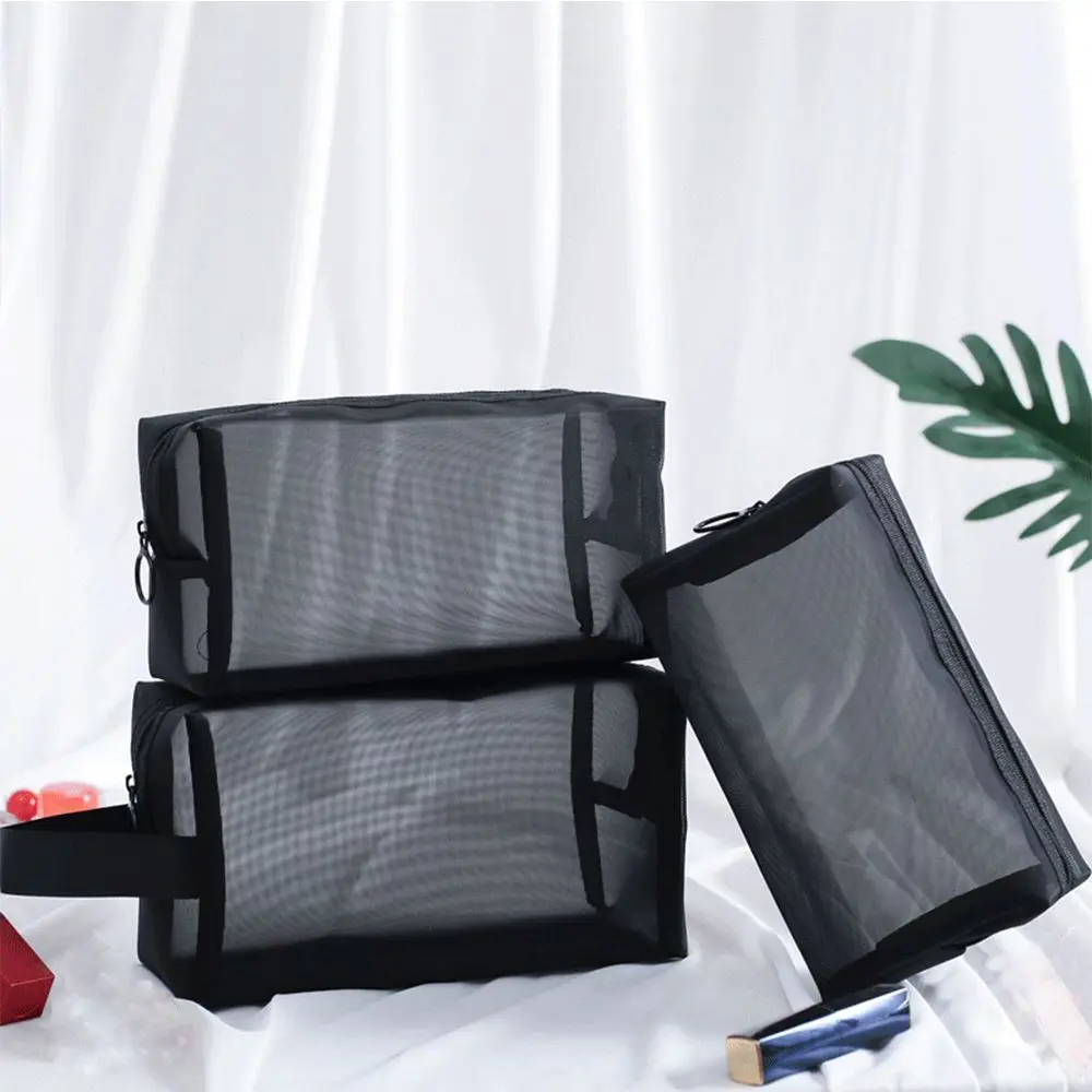 1PC Travel Black Mesh Cosmetic Bag Zipper Makeup Bag For Women Wash Toiletry Bag Makeup Organizer Portable Storage Pouch