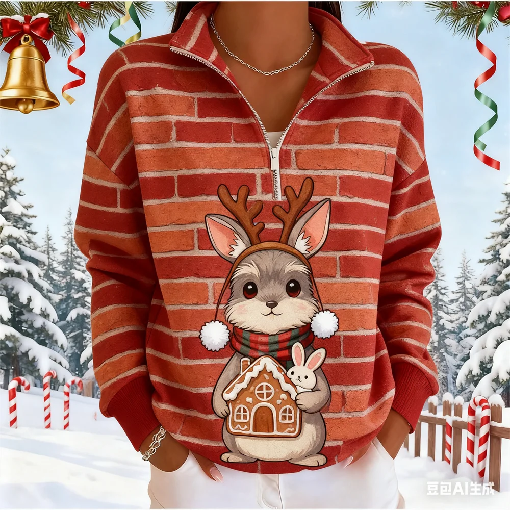 

Christmas Santa Claus Print Women's Half-zip Stand Collar Shirt Autumn Oversized Clothing For Woman New in Outwears Sweatshirts