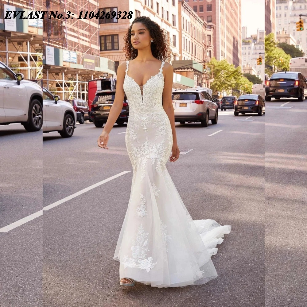 

EVLAST сексуальное кружевное свадебное платье русалки по индивидуальному заказу, милое свадебное платье со спагетти и аппликацией из бисера, Vestidos De Novia E3W66