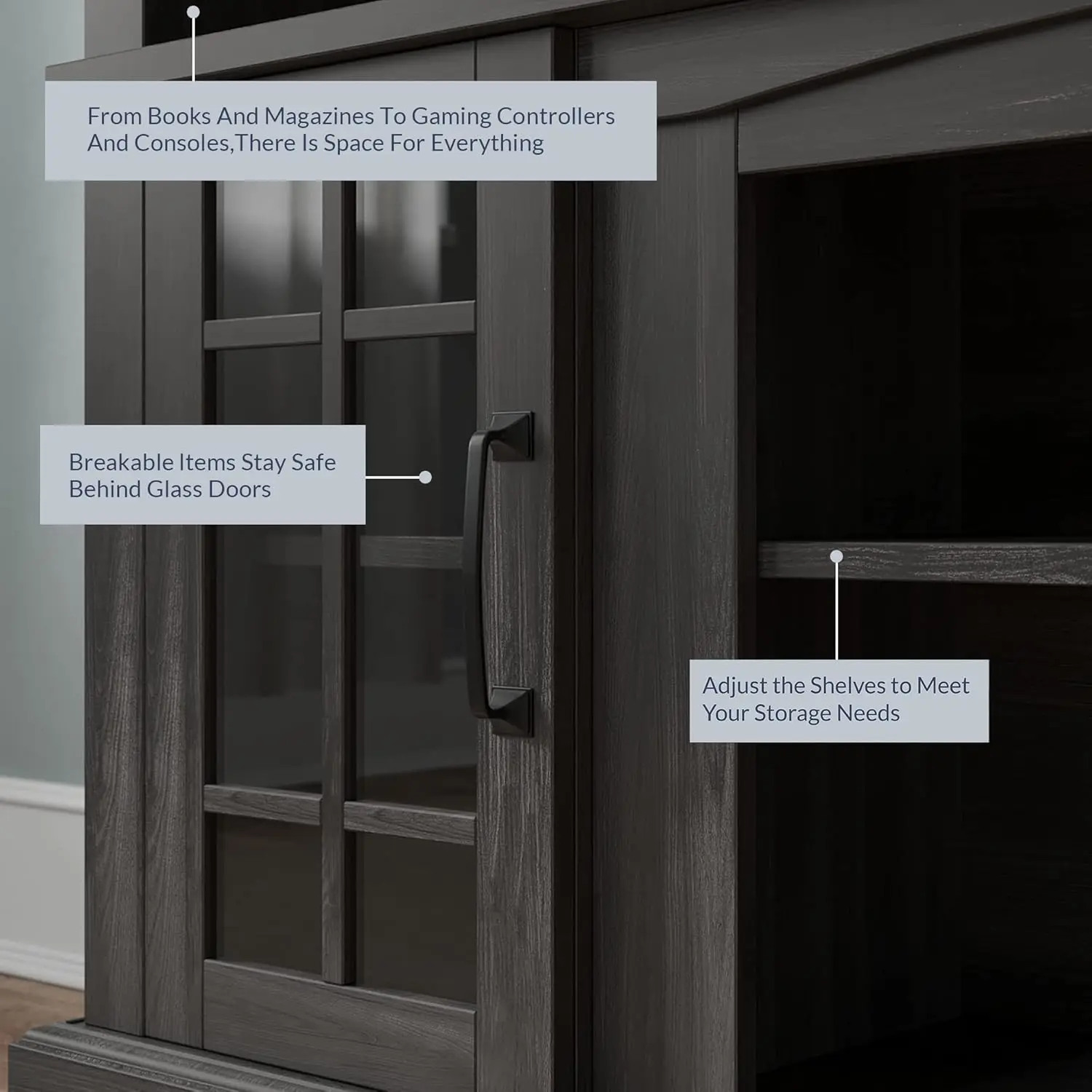 TV Stand, Rustic Wood Entertainment Center, Contemporary Media Console Table with Two Open Shelves and Glass Door Cabinets