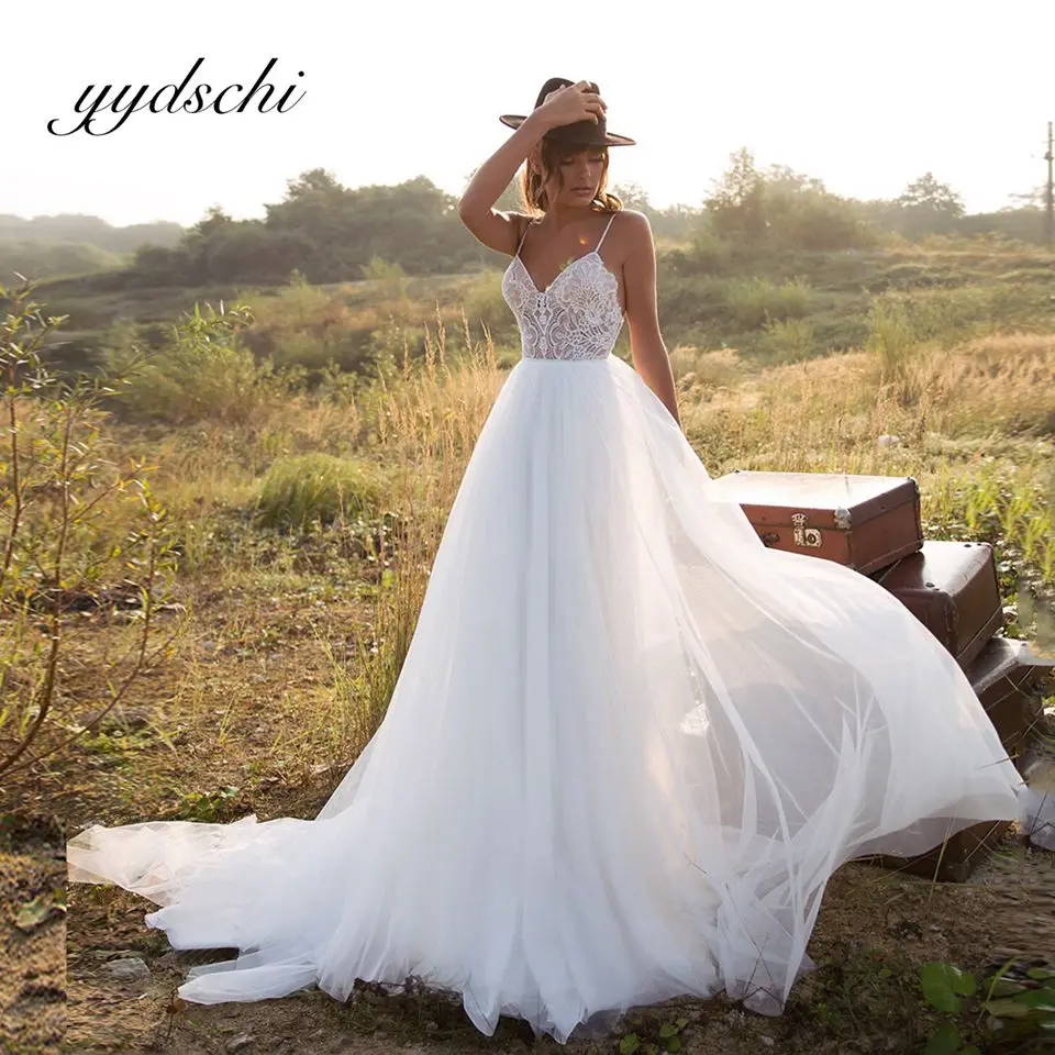 

New Sexy Spaghetti Straps A-Line Wedding Dresses 2022 Appliques Backless V-Neck Bridal Gown Tulle Lace Elegant Vestido De Novia